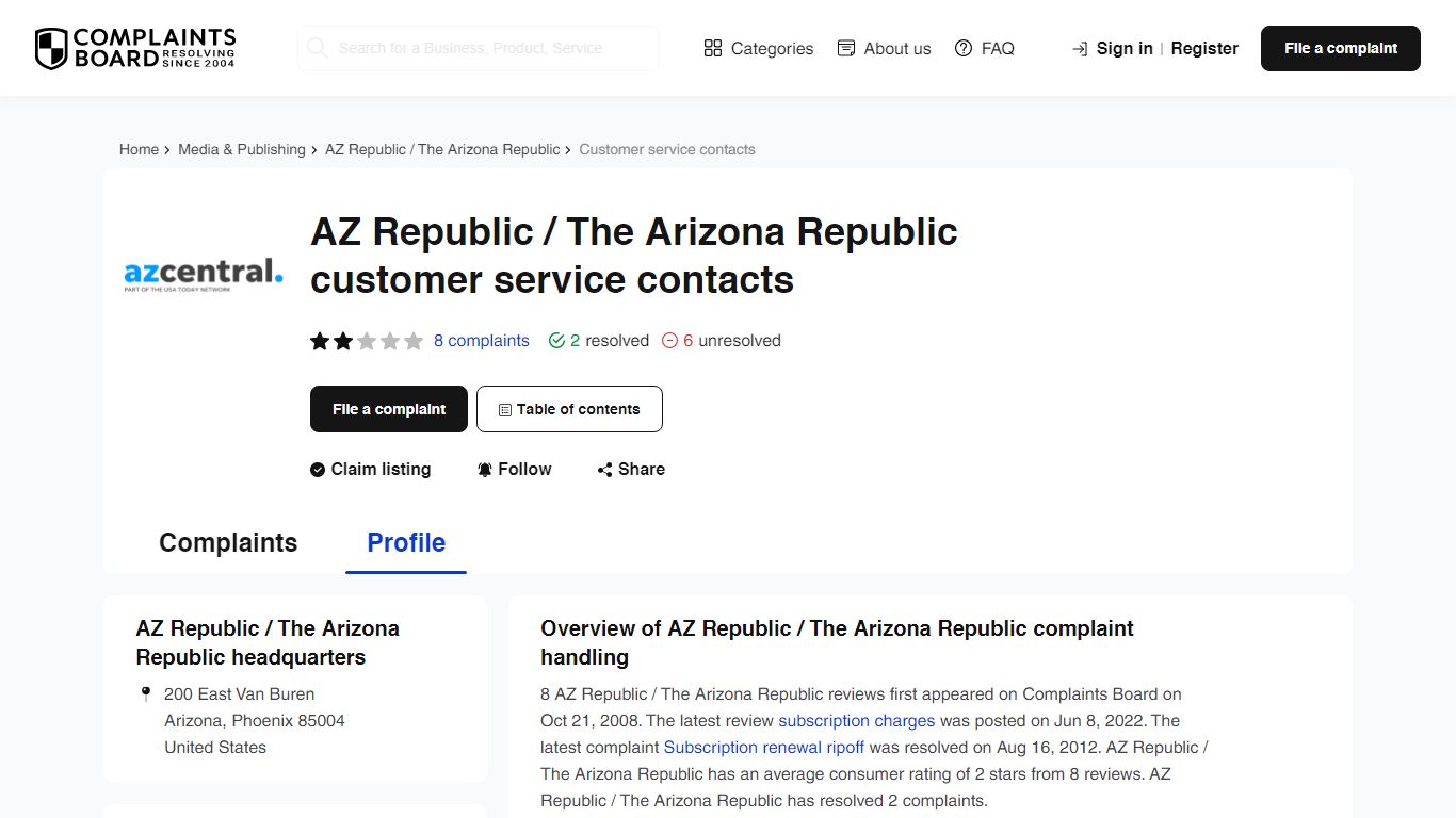 AZ Republic / The Arizona Republic Contact Number, Email, Support ...