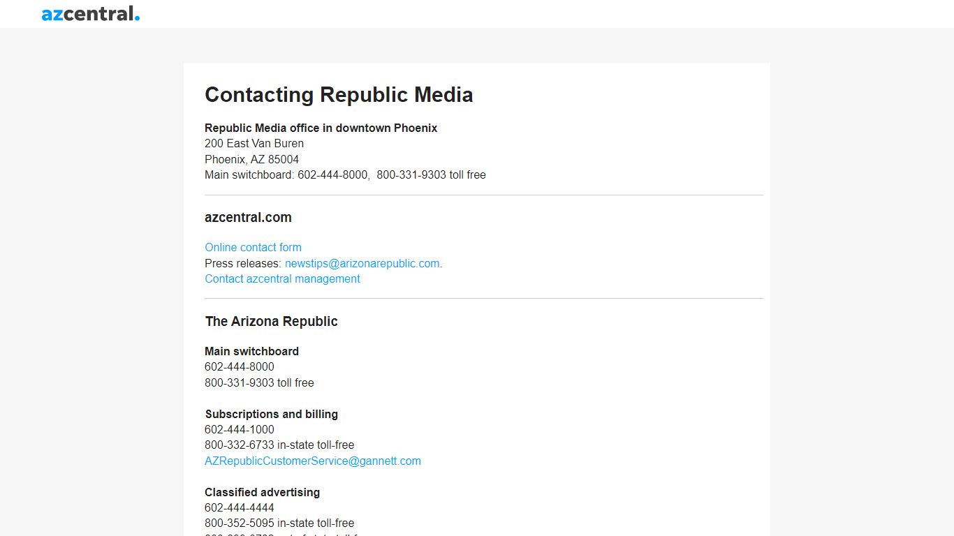 Contacting Republic Media | AZ Central - The Arizona Republic